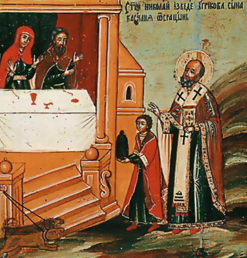 Освобождение Николаем Чудотворцем Василия, сына Агрикова, из плена Сарацинова: юноша пошел в храм молиться, как вдруг налетели сарацины и увели его в плен. Три года тосковал отец и молился святому Николаю, и уже потерял надежду. Как вдруг однажды во двор его дома вошел юноша в сарацинском платье. Слуги побежали к отцу, отец выбежал во двор и узнал в «сарацине» своего сына Василия. Василий рассказал, что в плену он служил у одного богатого сарацина и внезапно, во время ужина, за которым он прислуживал, был схвачен кем-то сильным за руку и перенесен в свой дом. Василий узнал в своем спасителе святителя Николая, которому молился с детства. Отец стал молиться и благодарить святого Николая и услышал: «Это милосердный Бог помог тебе». Клеймо иконы Святой Николай Чудотворец в житии. XVII век