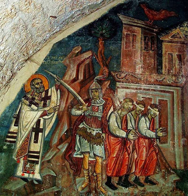 Свт. Николай спасает трех невинно осужденных. Капелла свт. Николая; Балканы. Сербия. Сопочаны; XIII в.