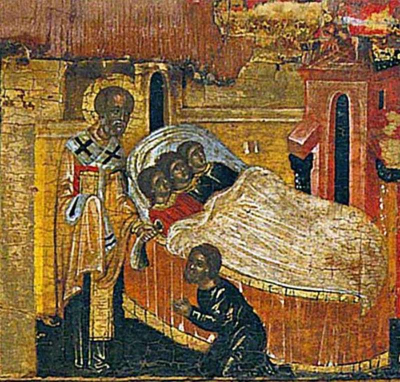 Клеймо со сценой из жития святого. Святитель Николай спасает трех девиц от позора, тайно, ночью передавая мешочек с деньгами их отцу. В житии говорится, что отец девиц по бедности хотел отдать своих красивых дочерей в наложницы. Святой Николай узнал об этом и подбросил им в дом золото – достойное приданое для каждой невесты. На илл.: Николай Чудотворец Мирликийский, свт. с житием; Греция. Крит; XV в.